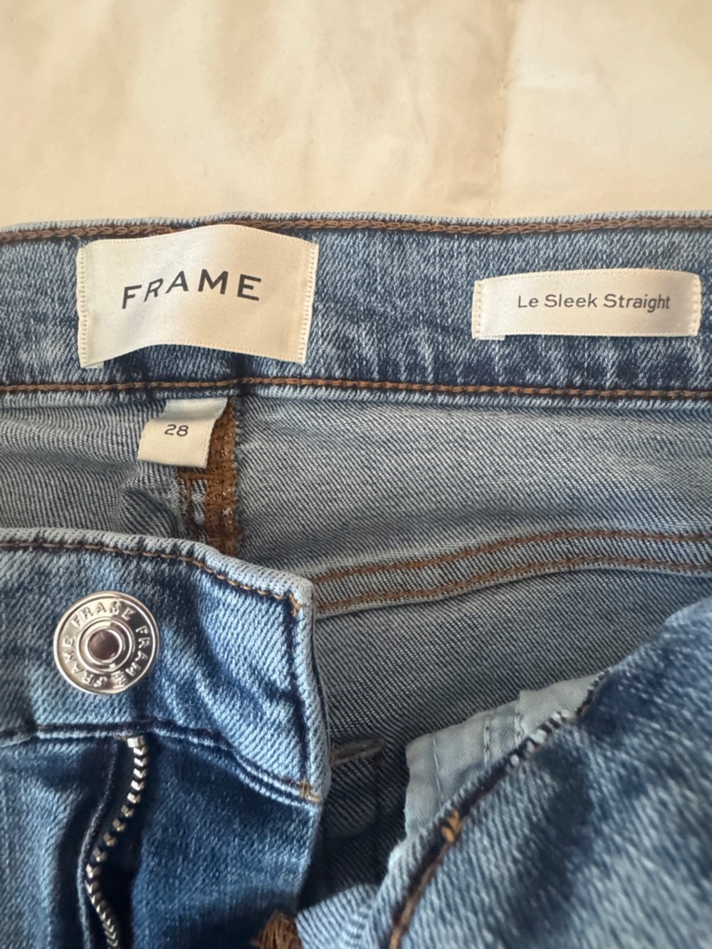 FRAME Le Sleek Straight Jeans Rawley Raw Fray Hem Medium Wash Size 28 - Picture 8 of 10
